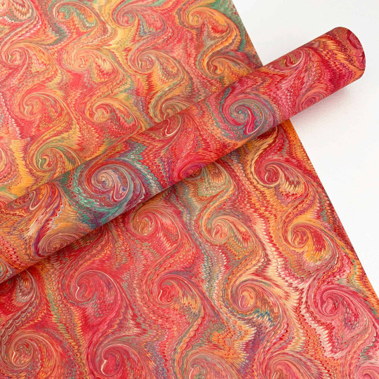 Hand Marbled Paper Combed French Curl Pattern in Red Multi ~ Berretti Marbled Arts